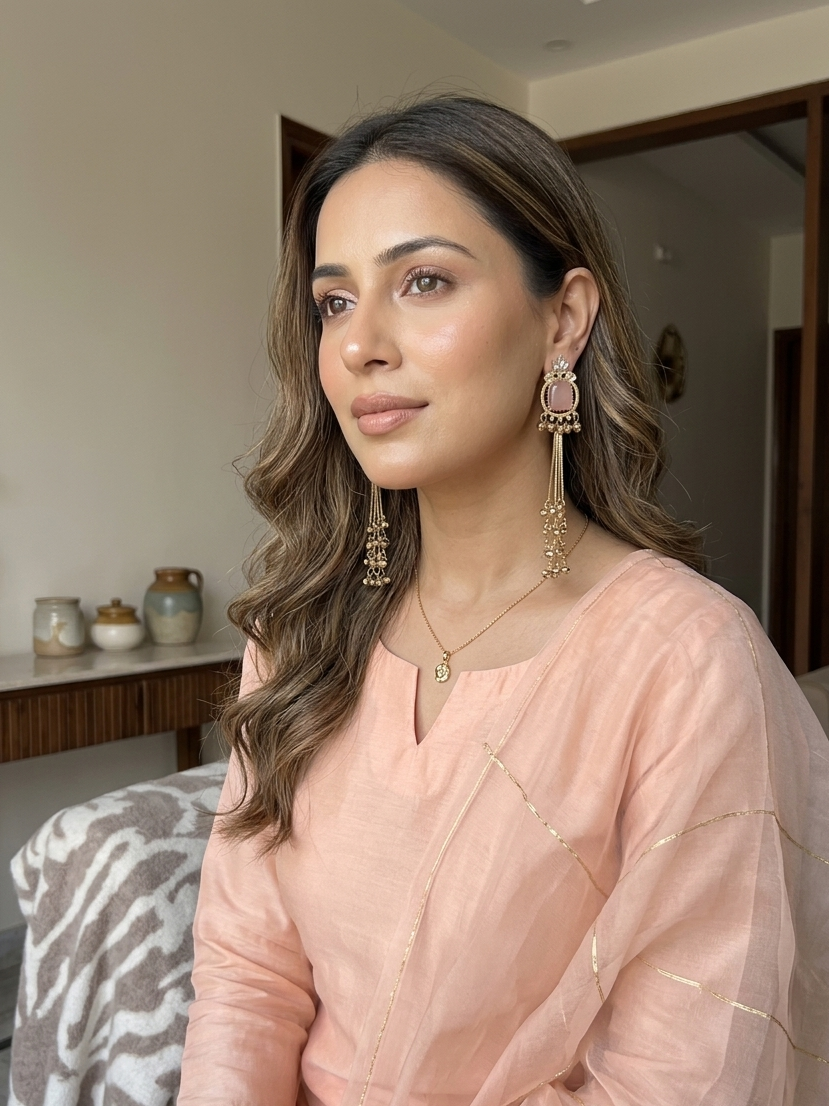A woman in a pink traditional outfit with Kashmiri jewellery in an indoor setting