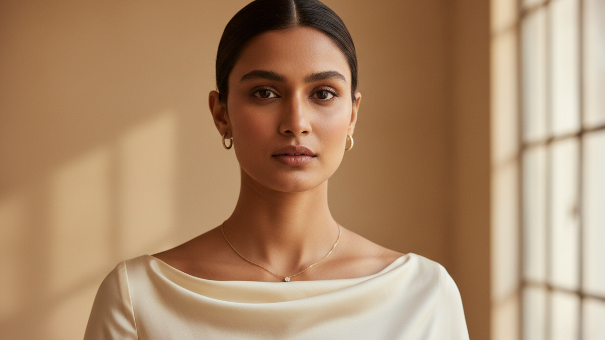 Woman wearing a white top with a neutral background
